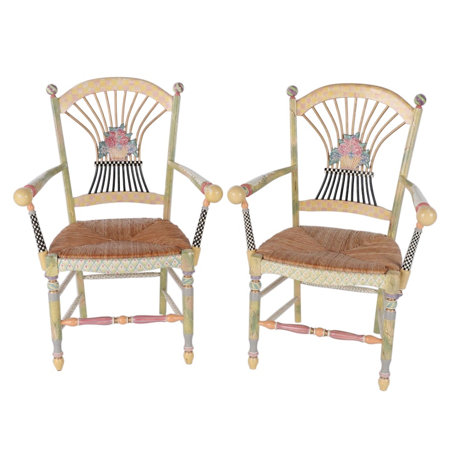 MacKenzie-Childs Paint-Decorated Rush Seat Arm Chairs, Late 20th Century