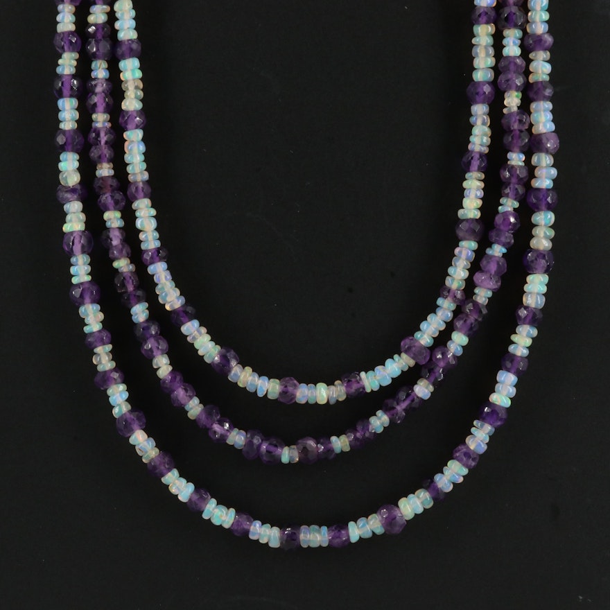 Amethyst and Opal Triple Strand Beaded Necklace with Sterling Clasp