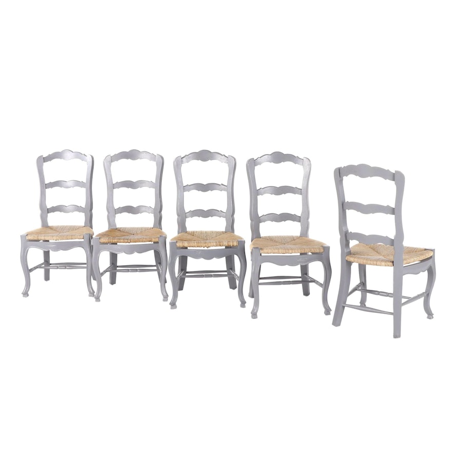 French Provincial Style Painted Wood Rush Seat Ladder Back Side Chairs