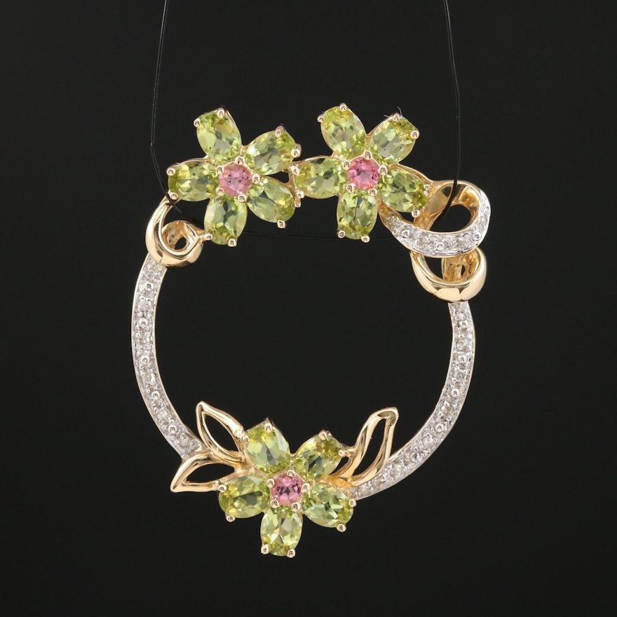 14K Peridot, Rhodolite Garnet and Diamond Flower Motif Circle Pendant