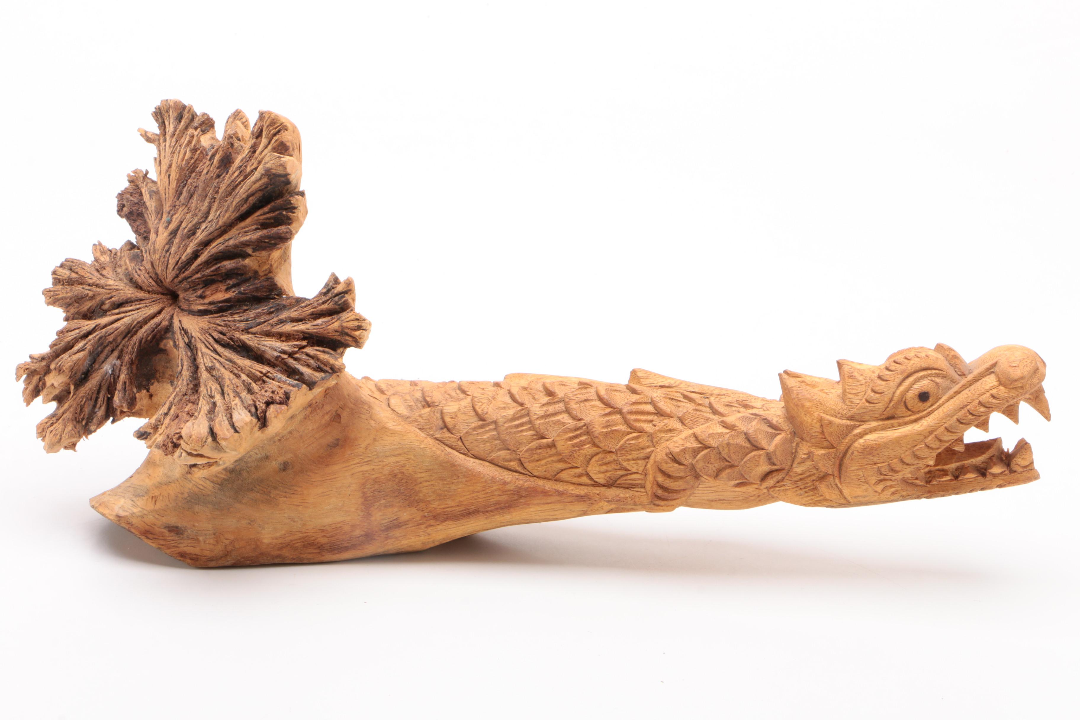East Asian Freeform Elm Dragon Carving