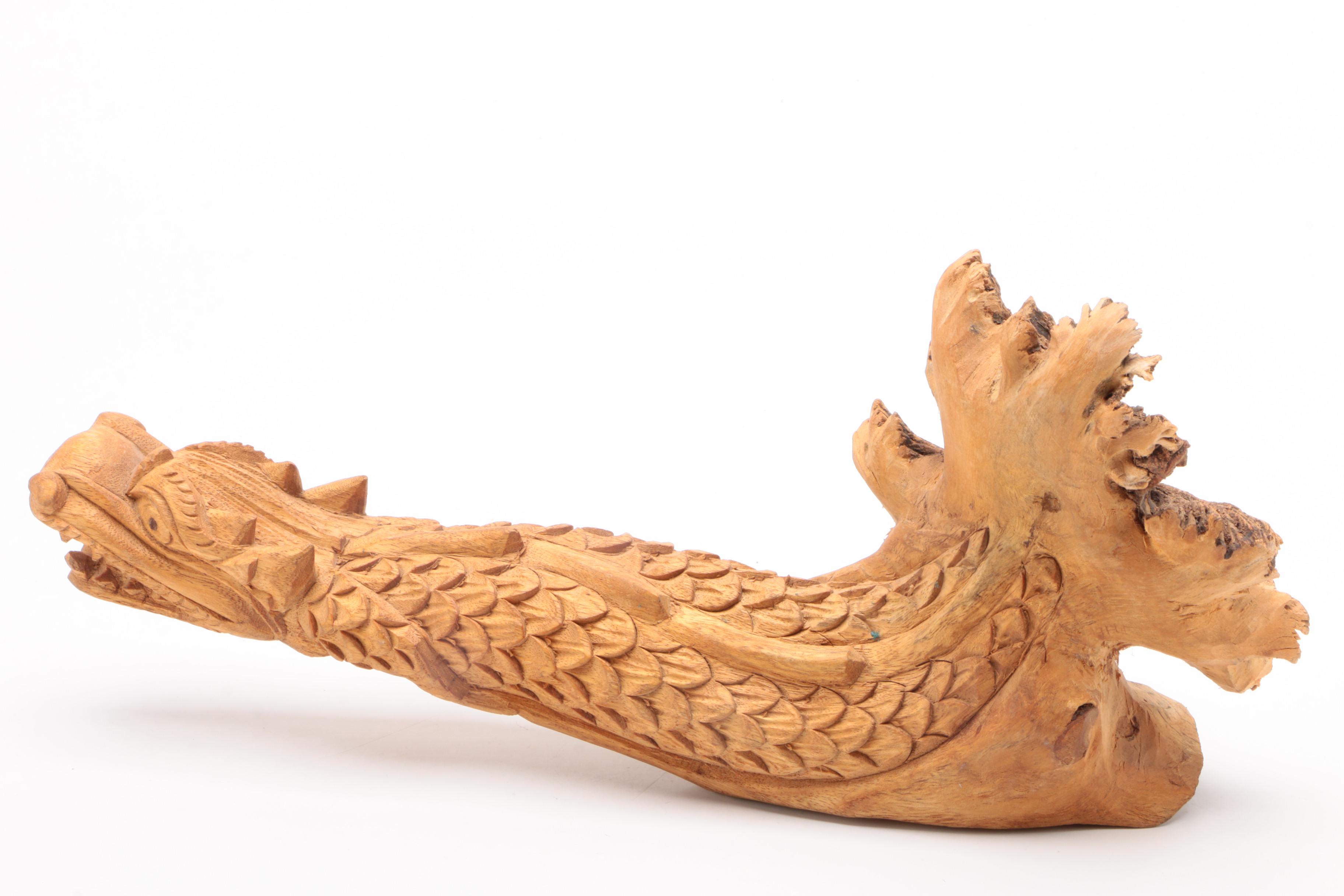 East Asian Freeform Elm Dragon Carving