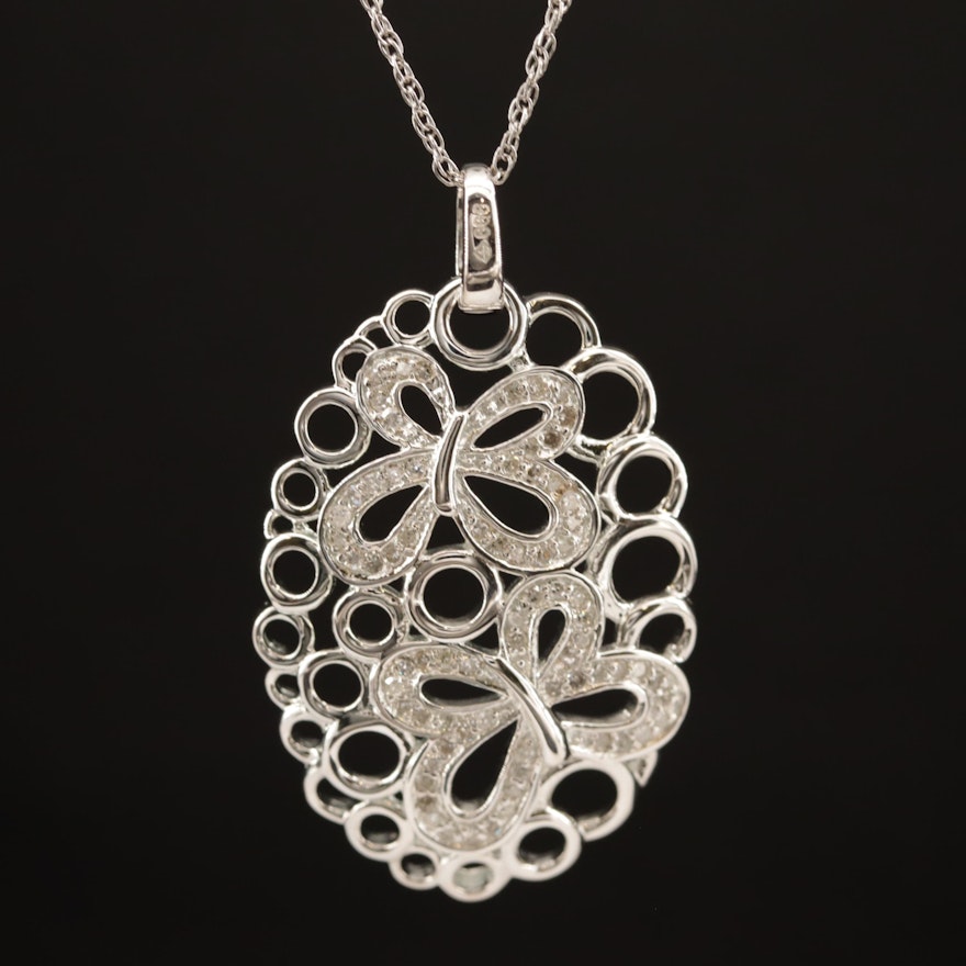 Fine Silver Diamond Butterfly Pendant on Sterling Silver Rope Chain Necklace