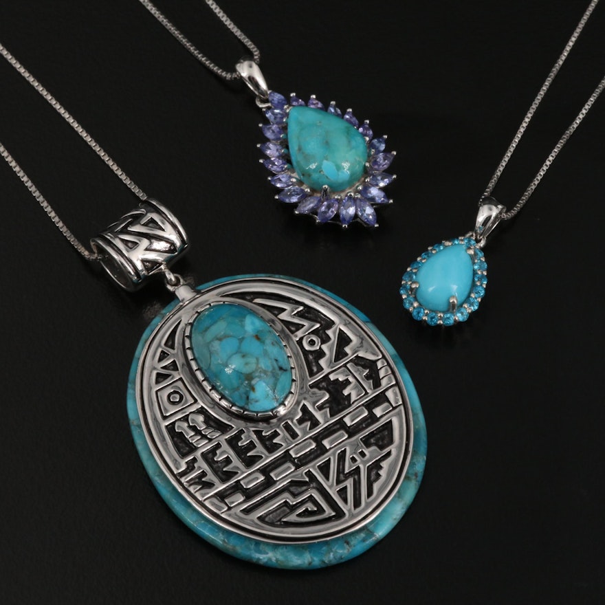 Sterling Silver Pendant Necklaces Featuring Turquoise, Apatite, and Tanzanite