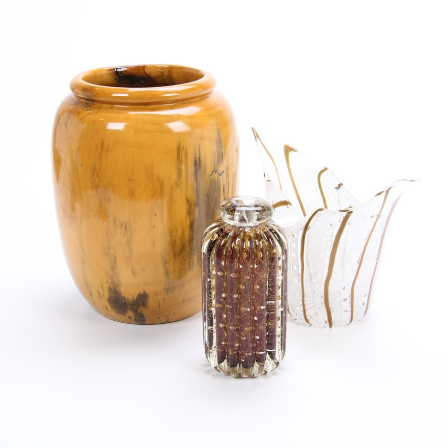 Hand Turned Wood Vase, Murano Art Glass Lattice Bowl and Ribbed Vase