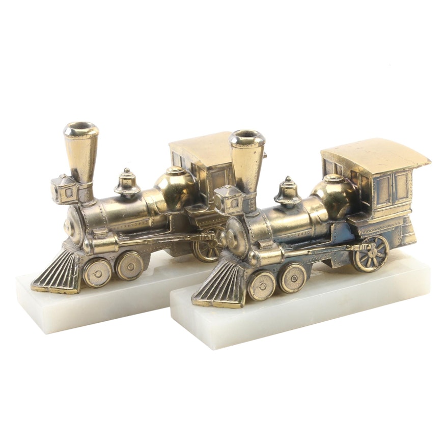 Gold Tone Metal Steam Locomotive Figurines on Onyx Bases, Late 20th Century