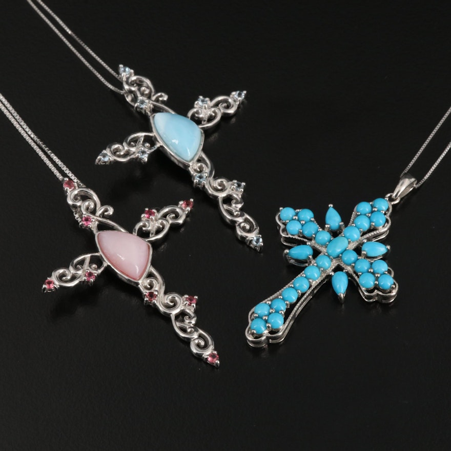 14K and Sterling Cross Necklaces with Common Opal, Larimar and Turquoise