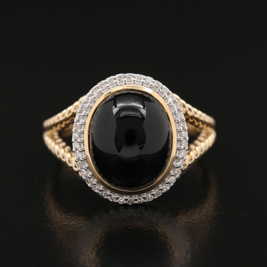 14K Black Onyx and Diamond Ring with Twisted Rope Shoulders