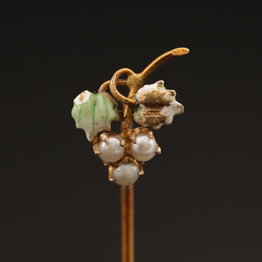 Art Nouveau 14K Seed Pearl and Enamel Grape Cluster Stick Pin