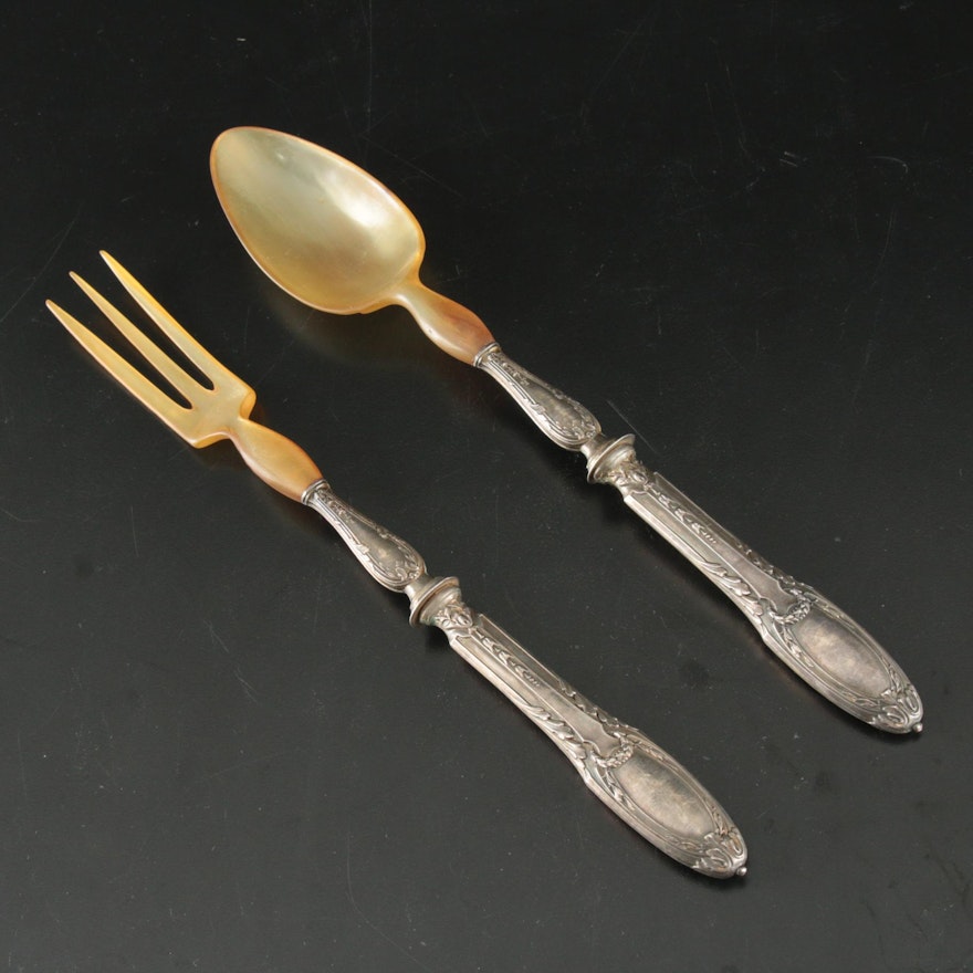 Sterling Silver and Horn Serving Spoon and Fork, Early 20th Century