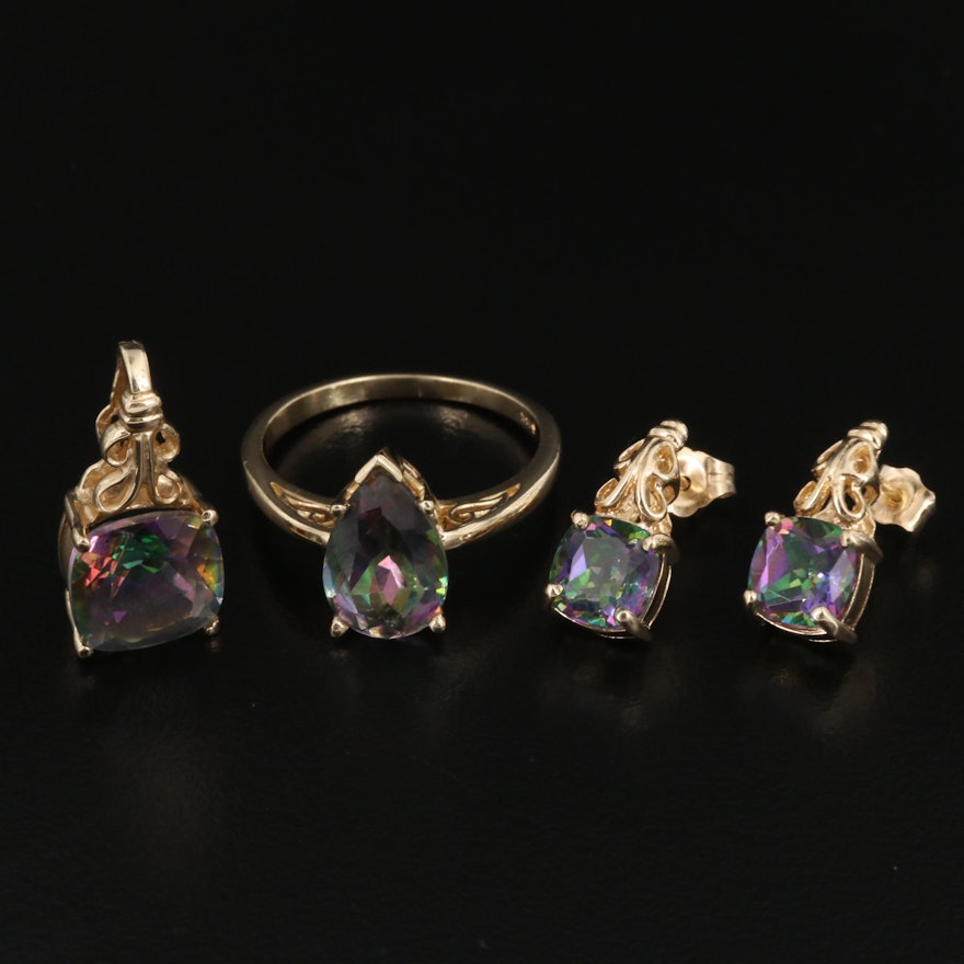 14K Mystic Topaz Ring, Earring and Pendant Set