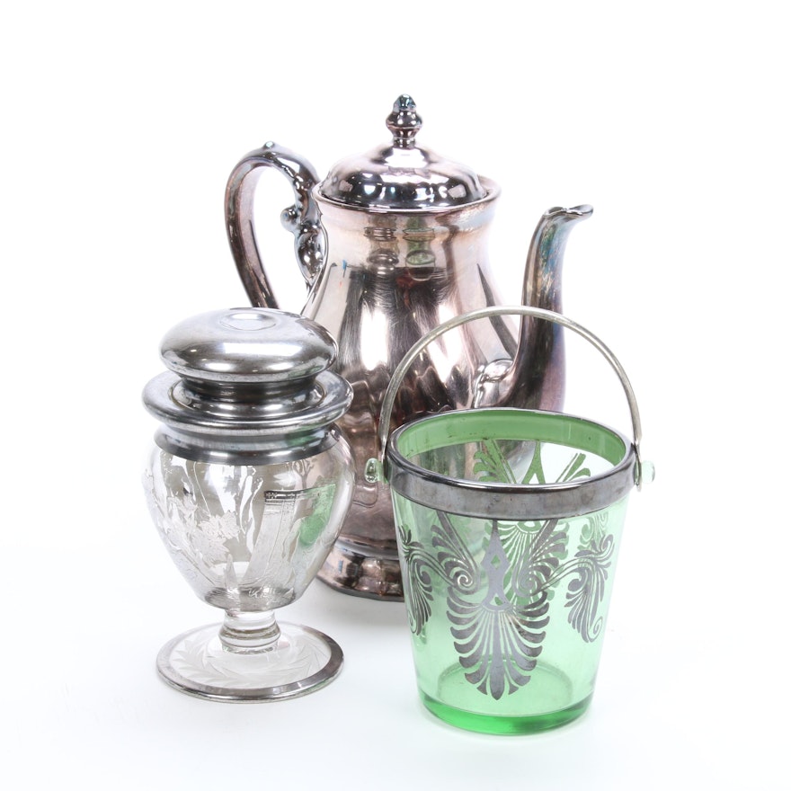 Rosenthal Porcelain Coffee Pot and Other Silver Overlay Table Accessories