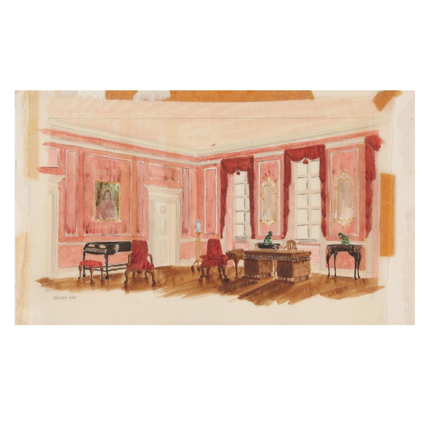 Watercolor Painting of Interior in the Style of Walter Gay, Early 20th Century