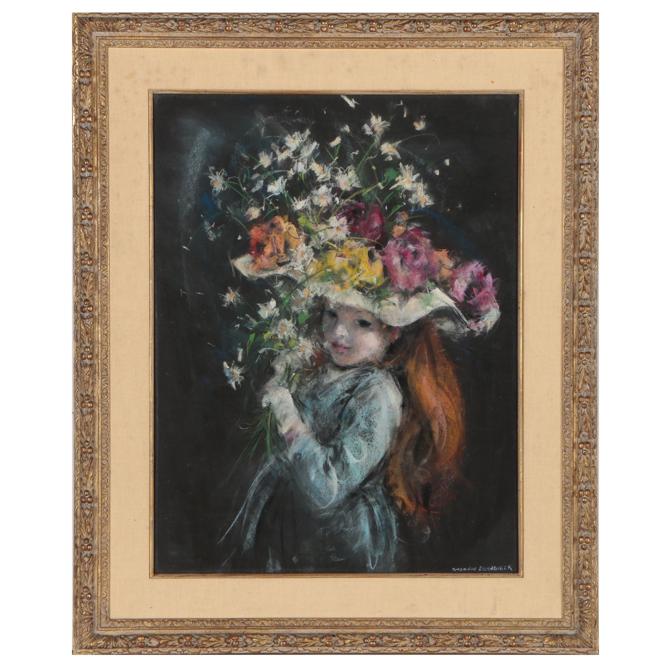 Pastel Drawing of Girl Wearing Floral Hat in the Style of Suzanne Eisendieck