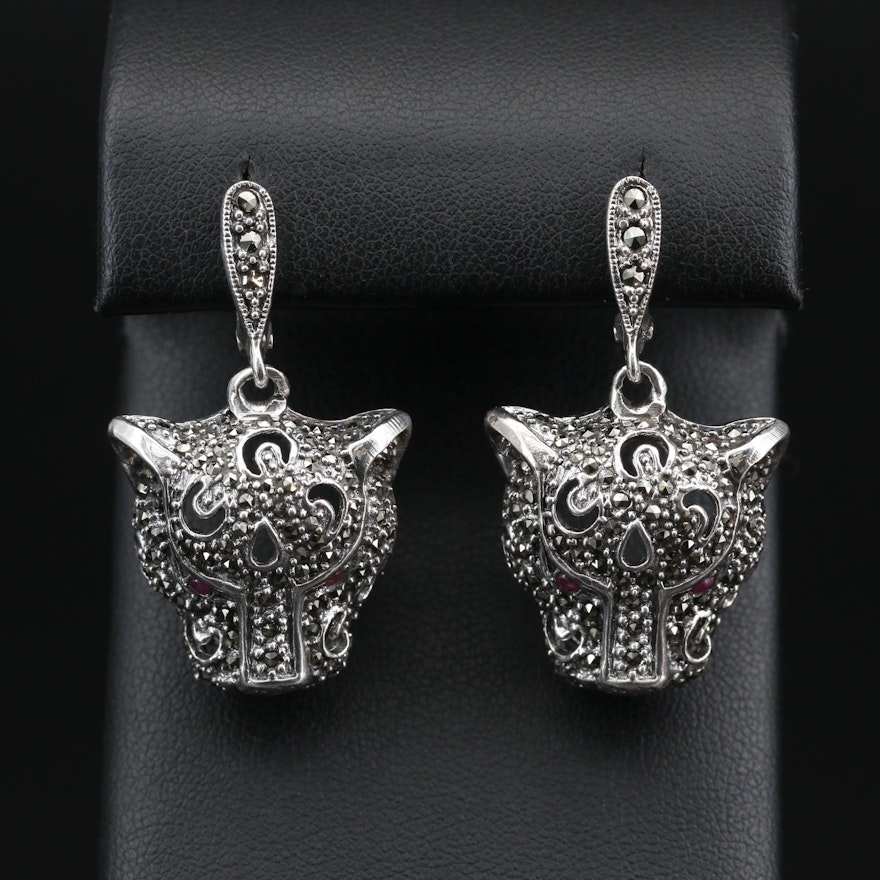 Sterling Silver Ruby and Marcasite Feline Earrings