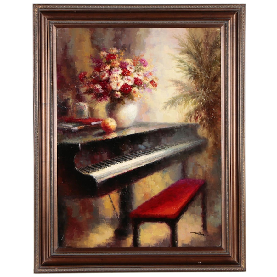Oil Painting of Piano with Floral Arrangement, 21st Century