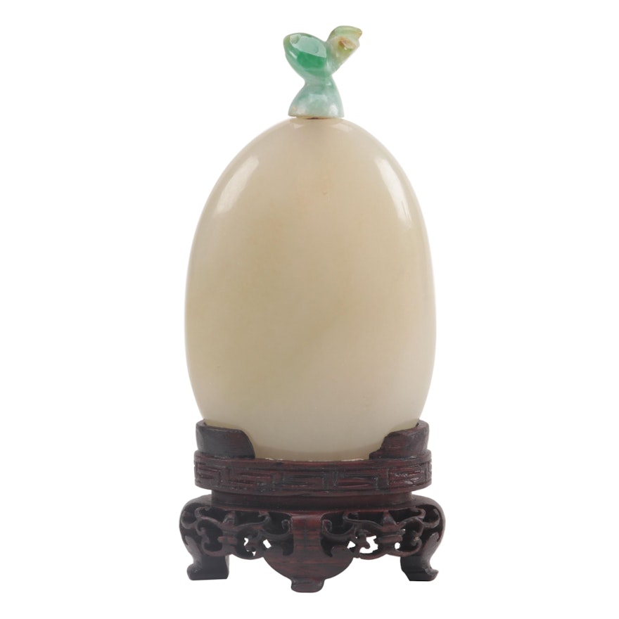 Chinese Carved Nephrite Snuff Bottle with Jadeite Stopper