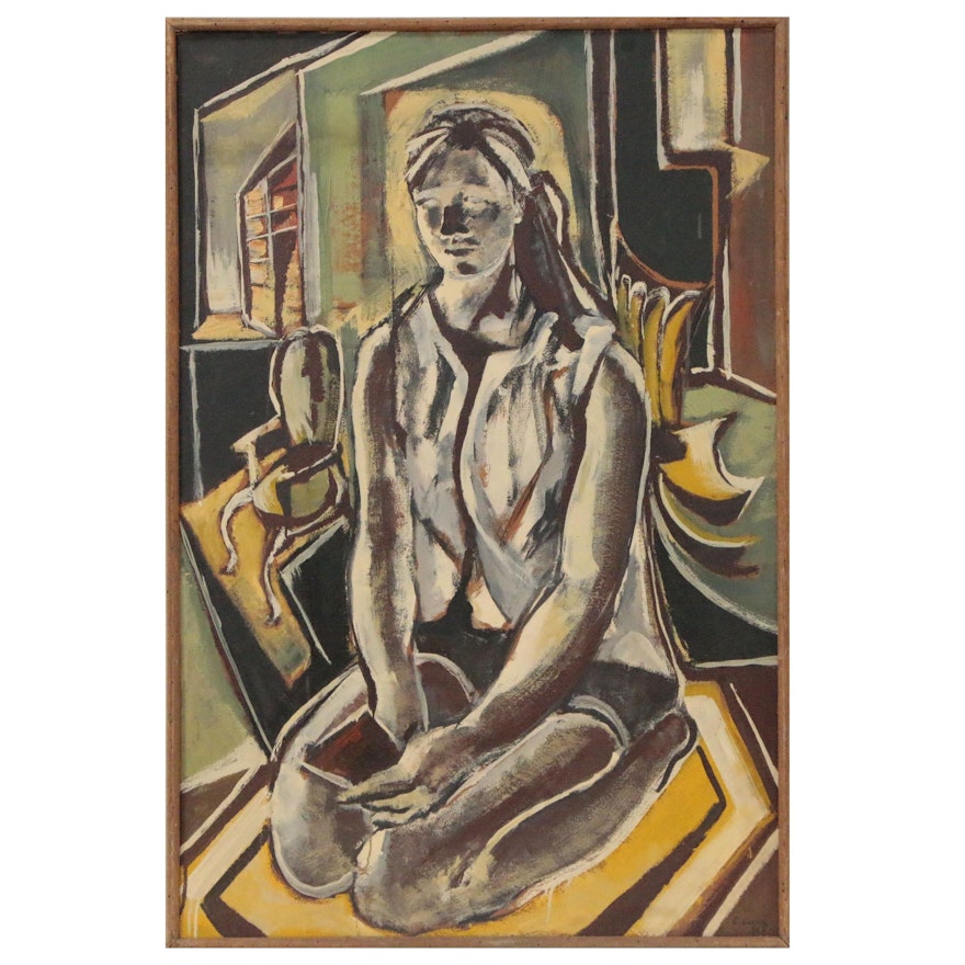 Figurative Oil Painting of Kneeling Woman in the Style of Carlo Carrà