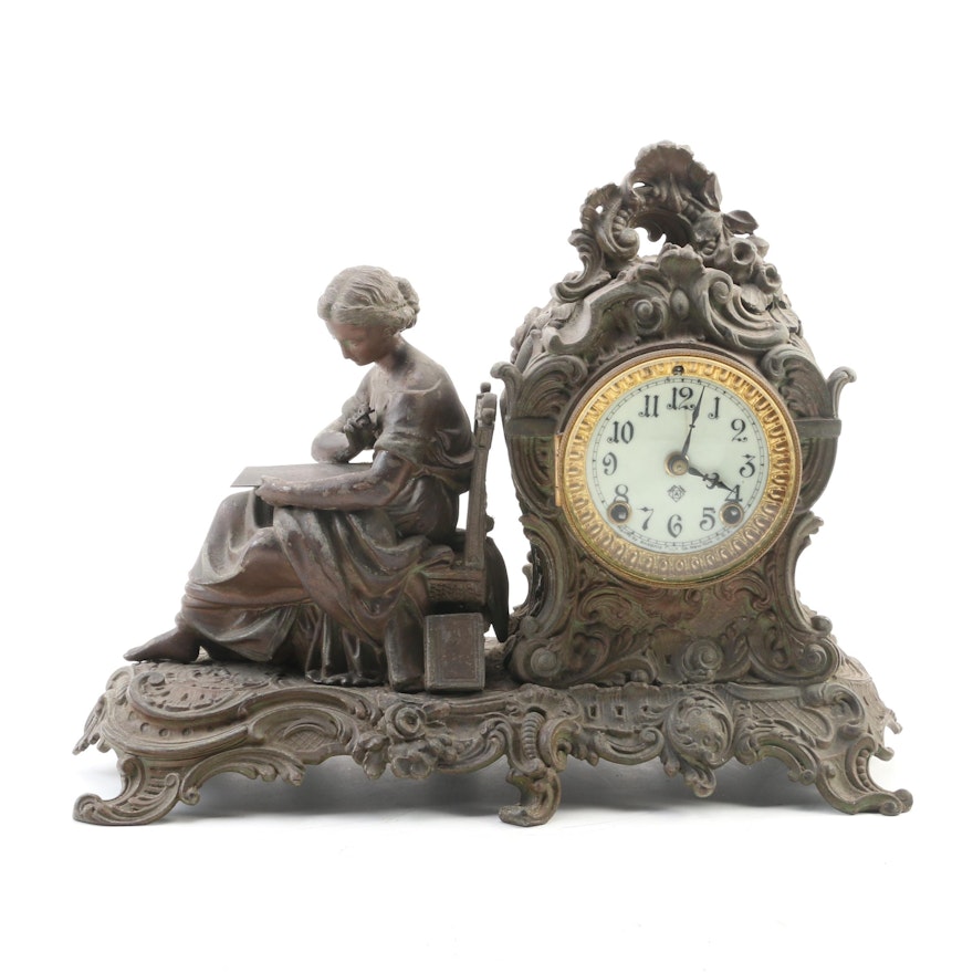 Ansonia Figural Woman Reading Metal Mantel Clock, Late 19th/Early 20th Century