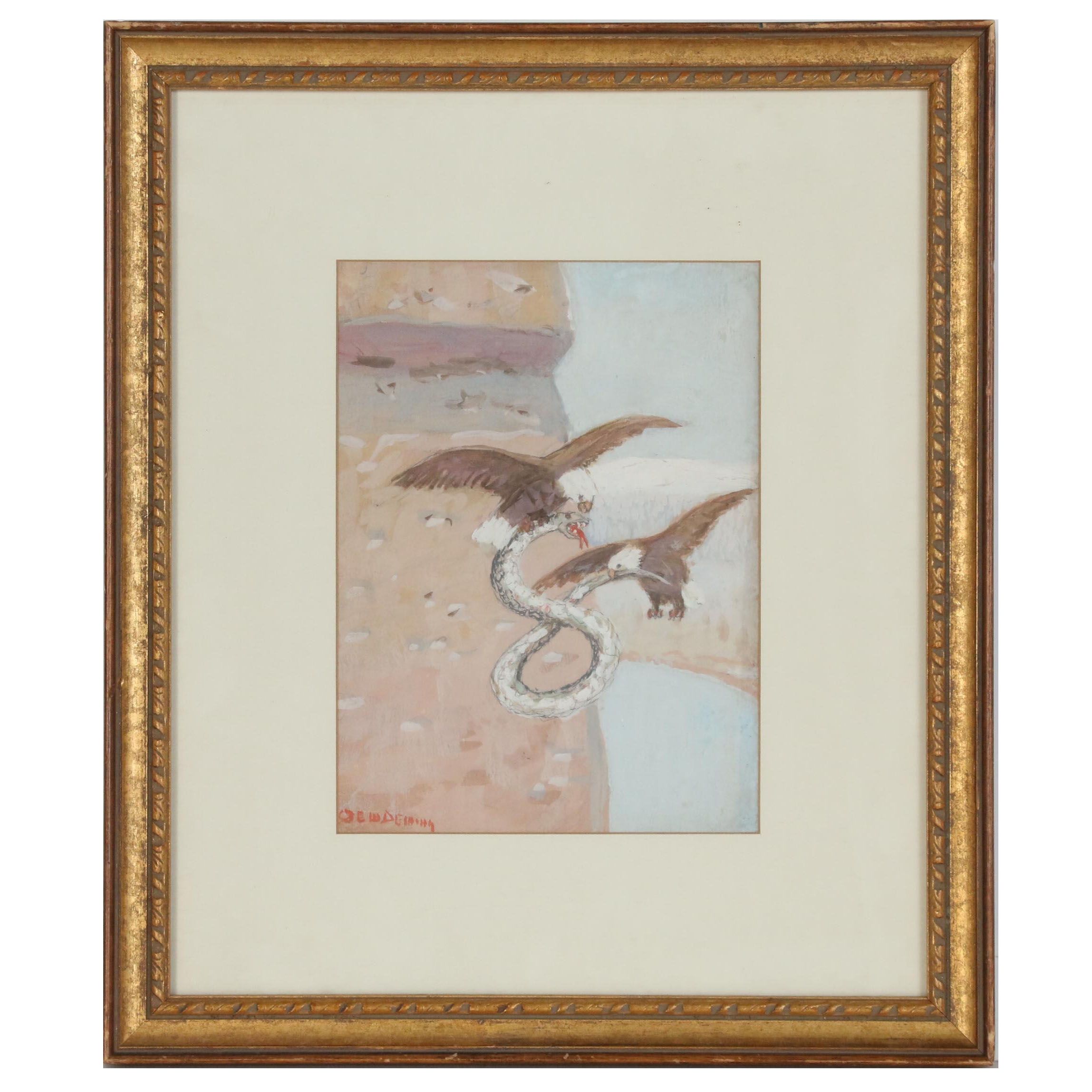 Edwin Deming Gouache Painting of Two Eagles with Snake