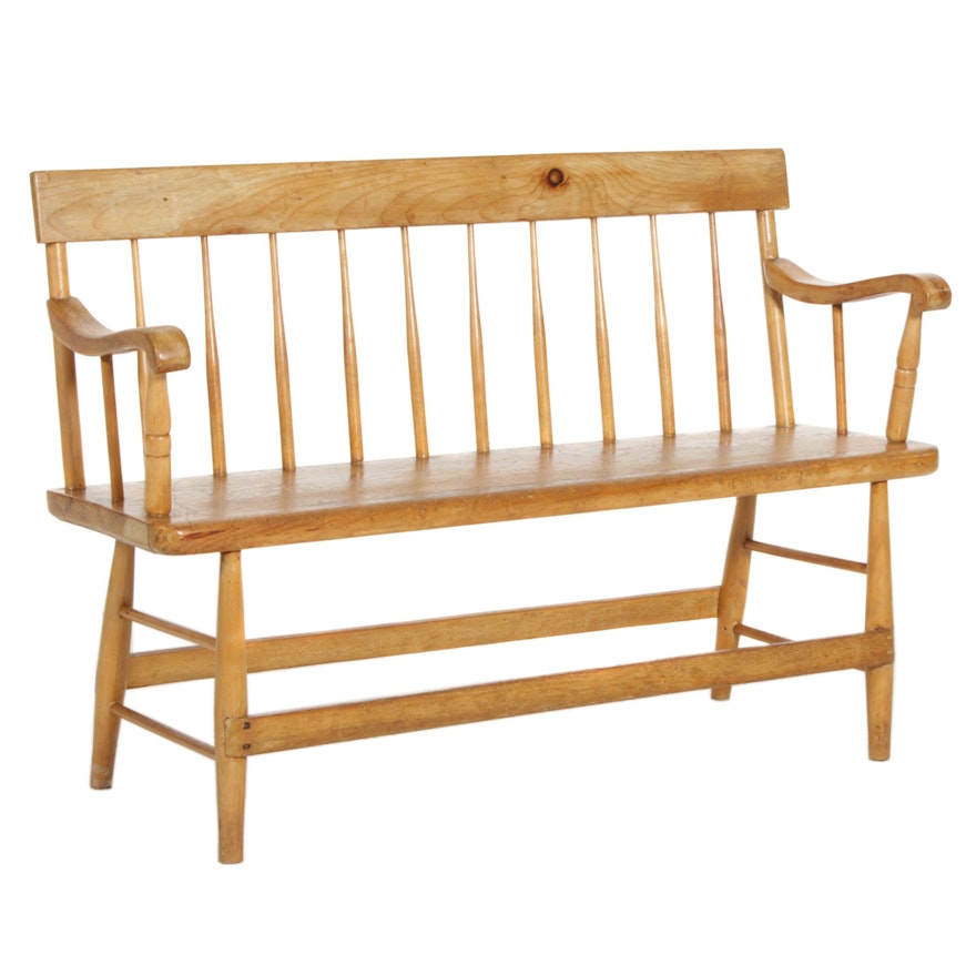 Pine Spindle Back and Plank Bench, Early 20th Century