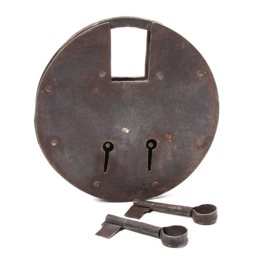 Hand Forged Oversized Padlock with Two Skeleton Keys, Antique