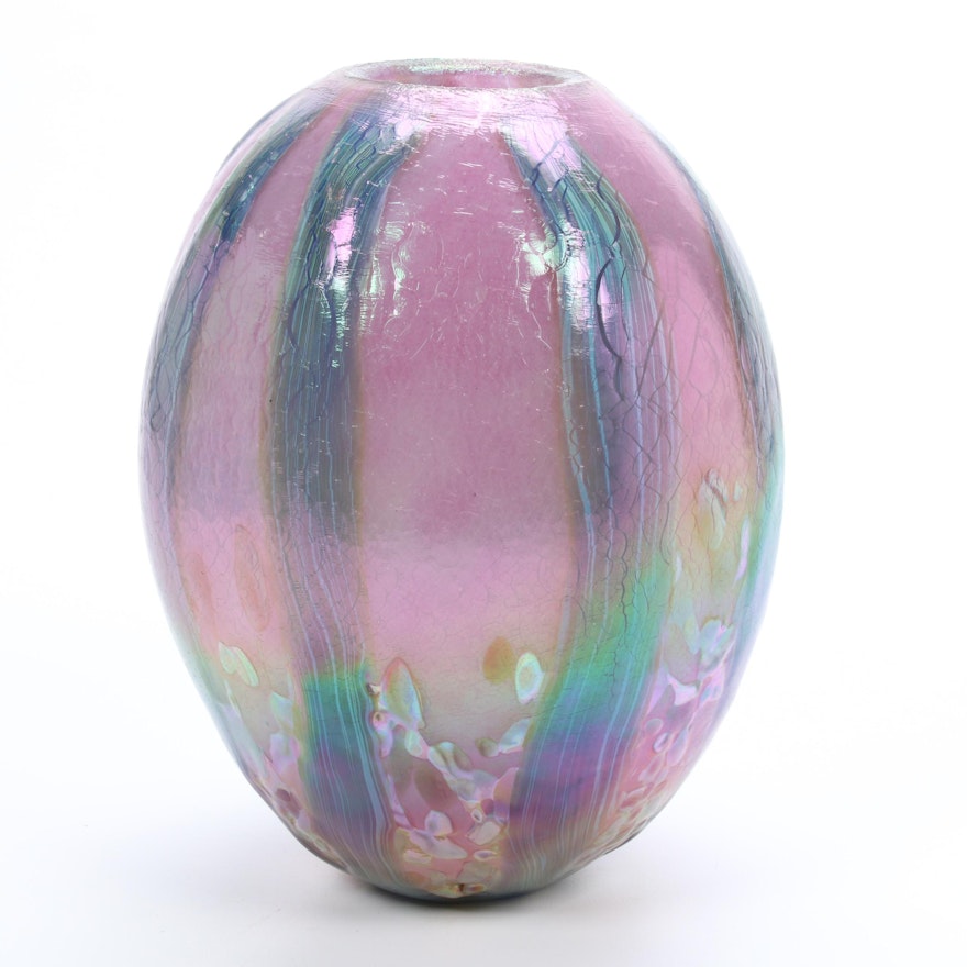 Robert Eickholt Handblown Iridescent Art Glass Vase, 2013