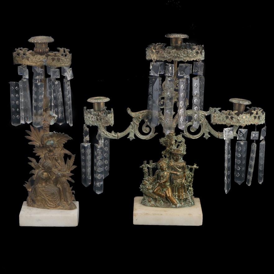 Victorian Cast Brass and Marble Girandole with Cut Glass Prisms