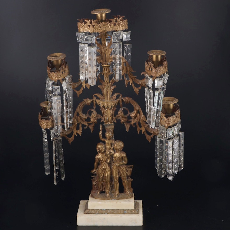 Victorian Cast Brass and Marble Girandole with Cut Glass Prisms