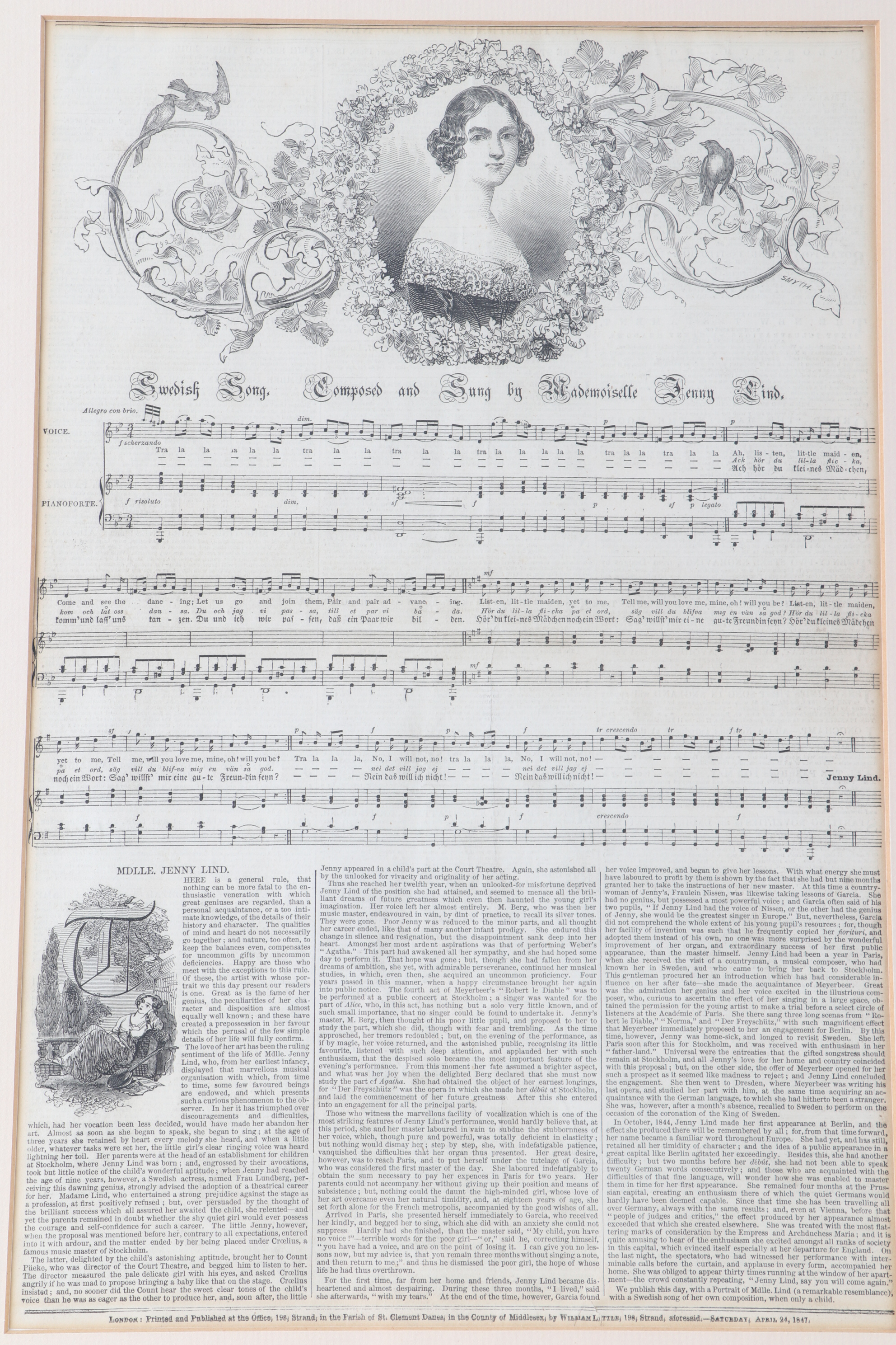 Framed "London News" Articles on Swedish Opera Singer Jenny Lind, 19th Century