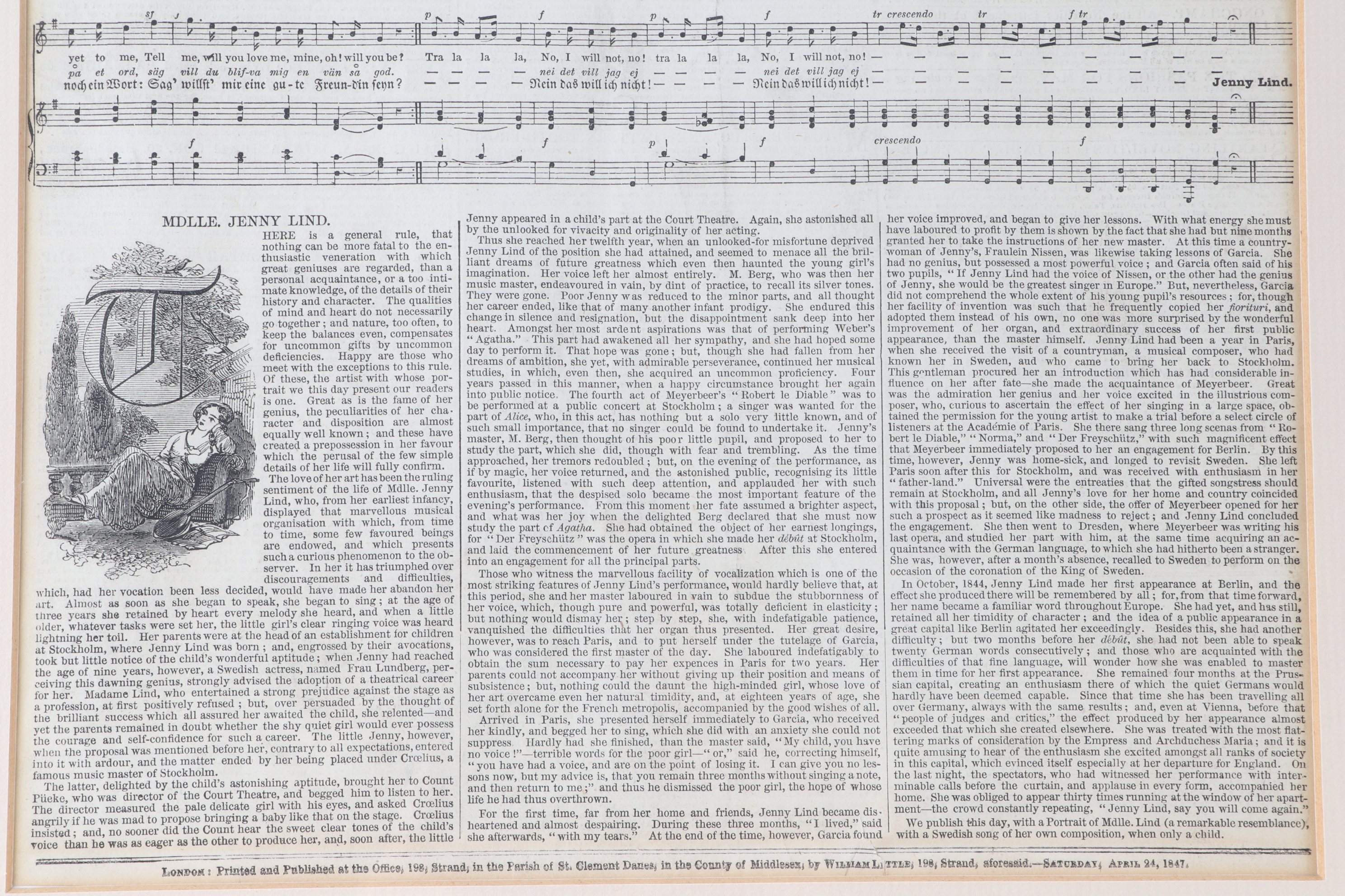 Framed "London News" Articles on Swedish Opera Singer Jenny Lind, 19th Century