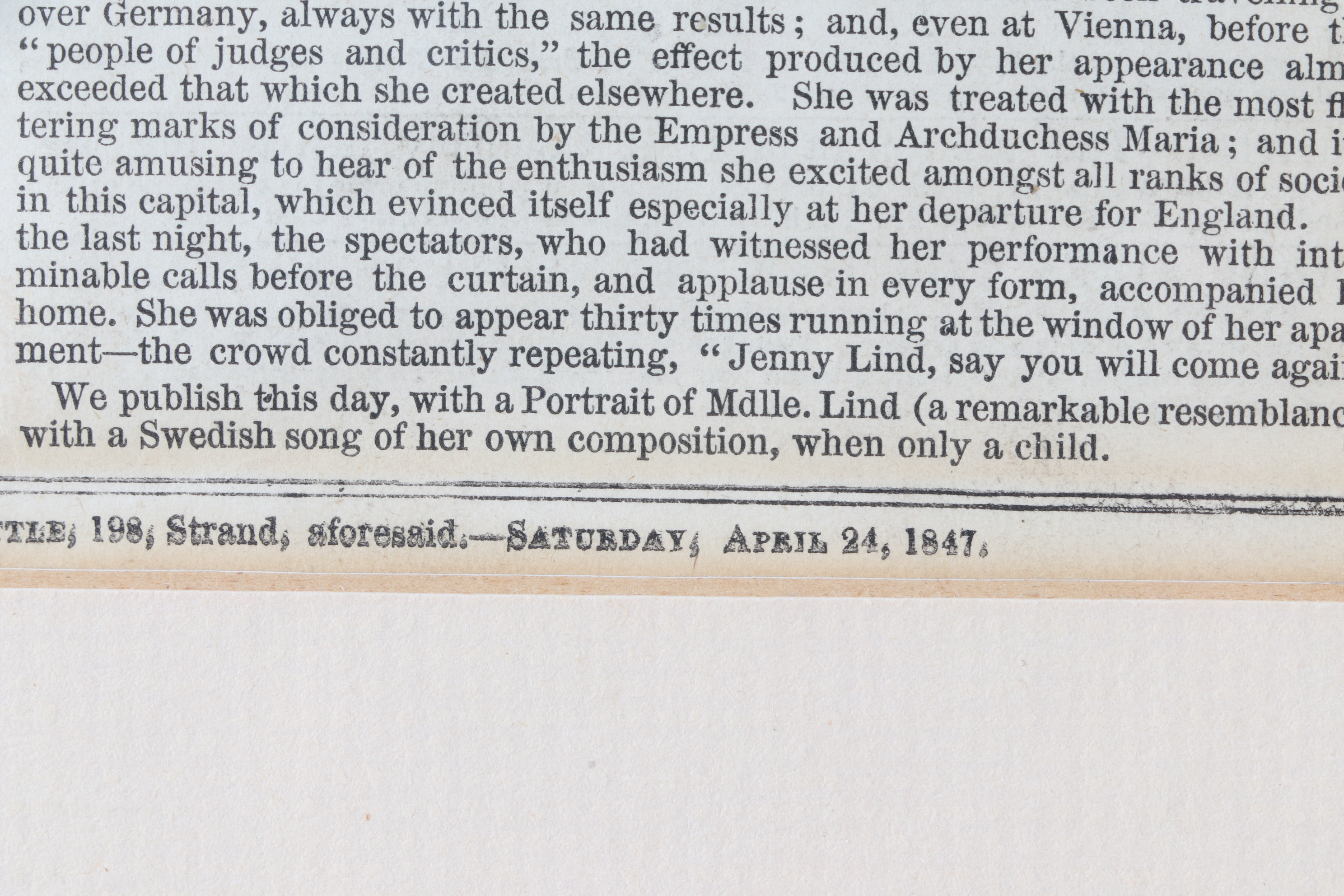 Framed "London News" Articles on Swedish Opera Singer Jenny Lind, 19th Century