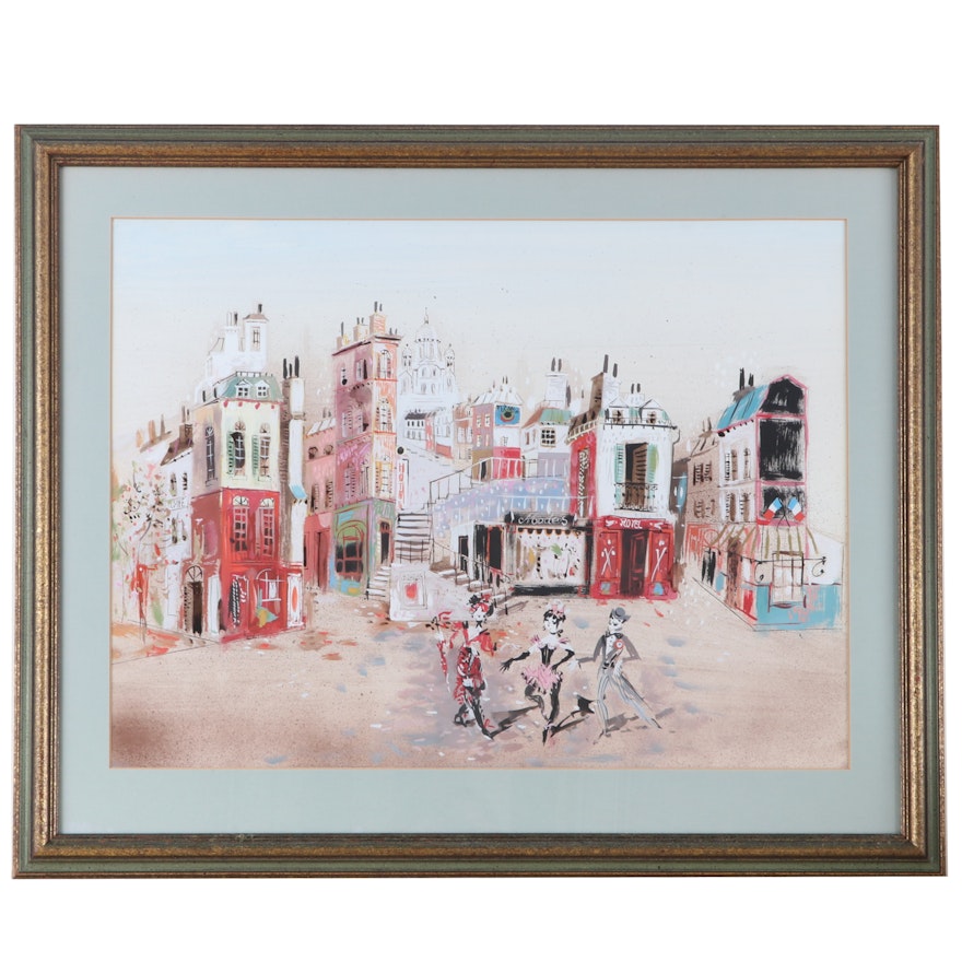 French Cabaret Street Scene Watercolor Painting