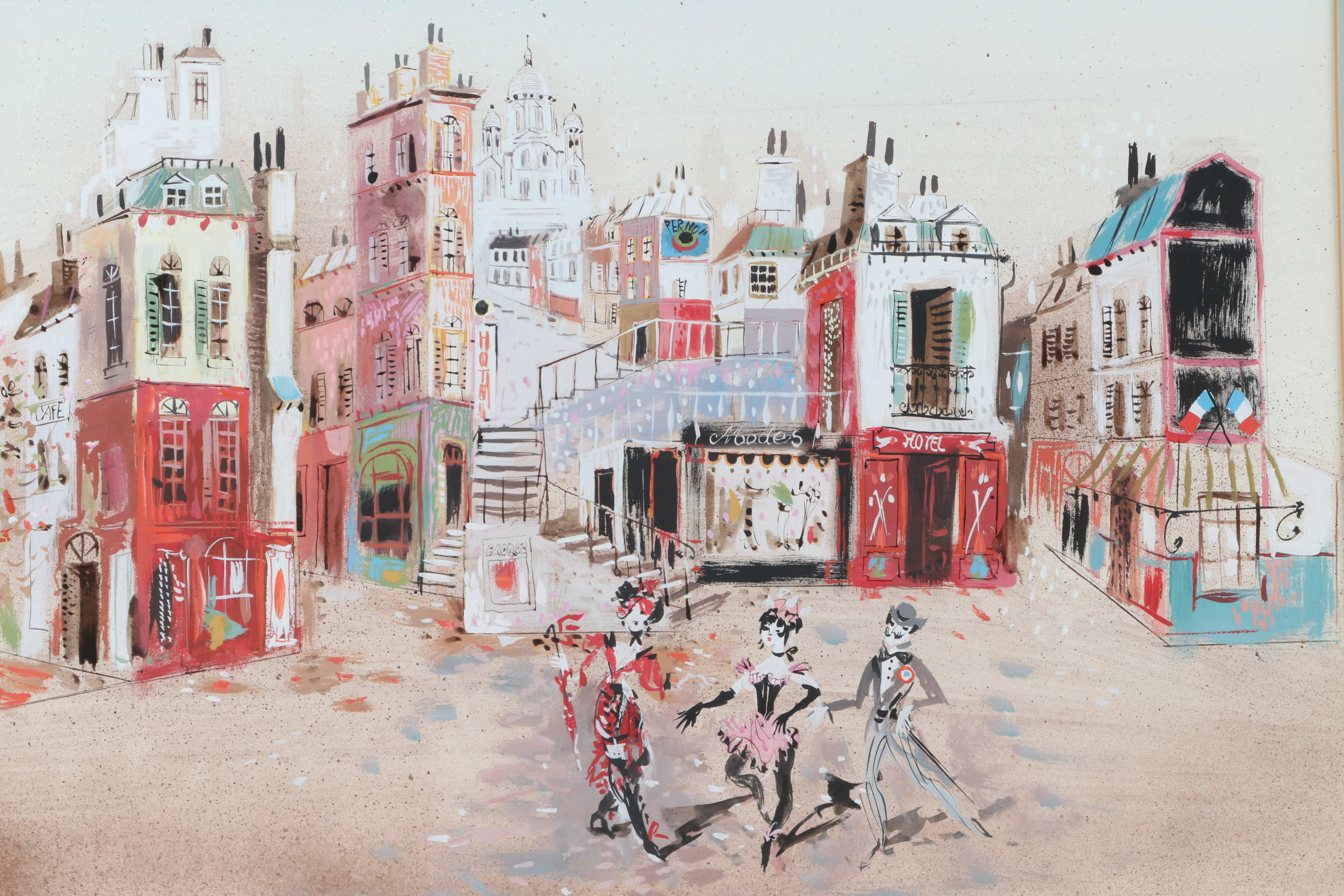 French Cabaret Street Scene Watercolor Painting