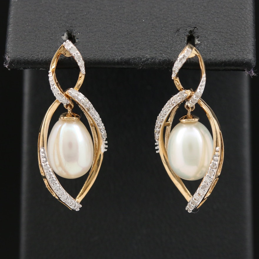 14K Pearl and Diamond Drop Earrings