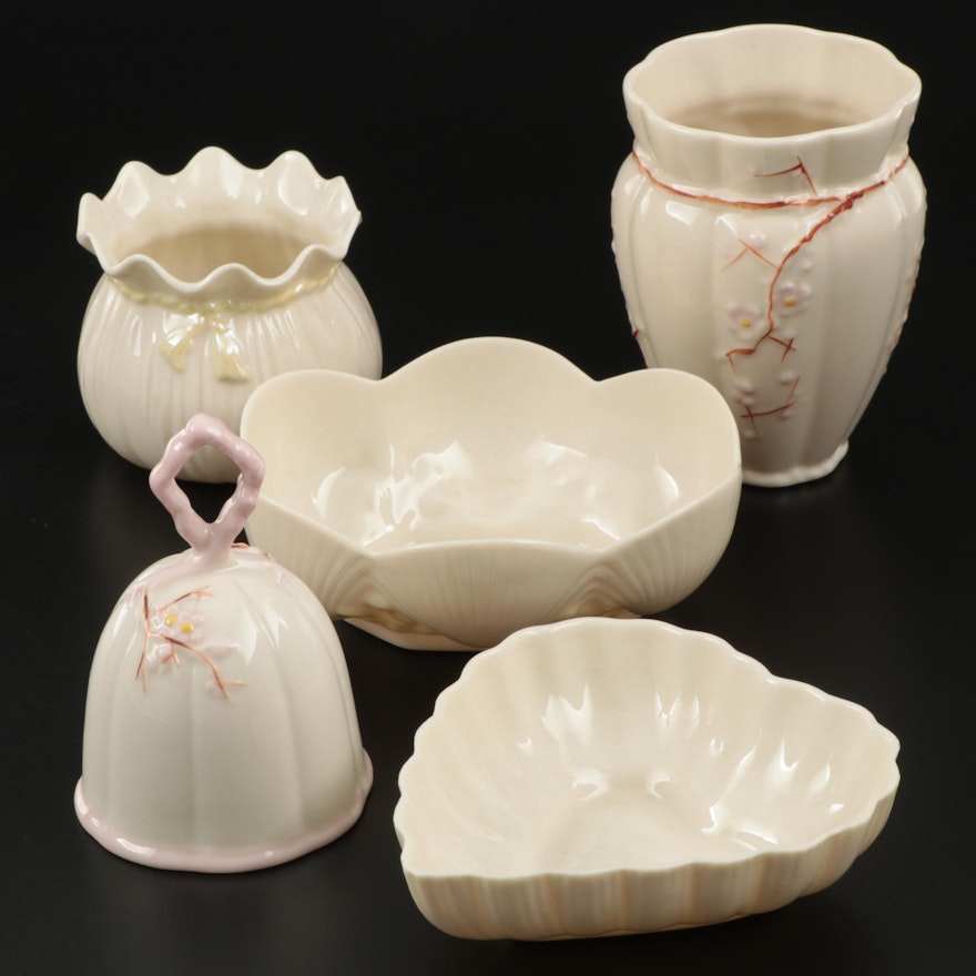 Belleek "Thorn" Vase and Bell with Other Porcelain Table Accessories