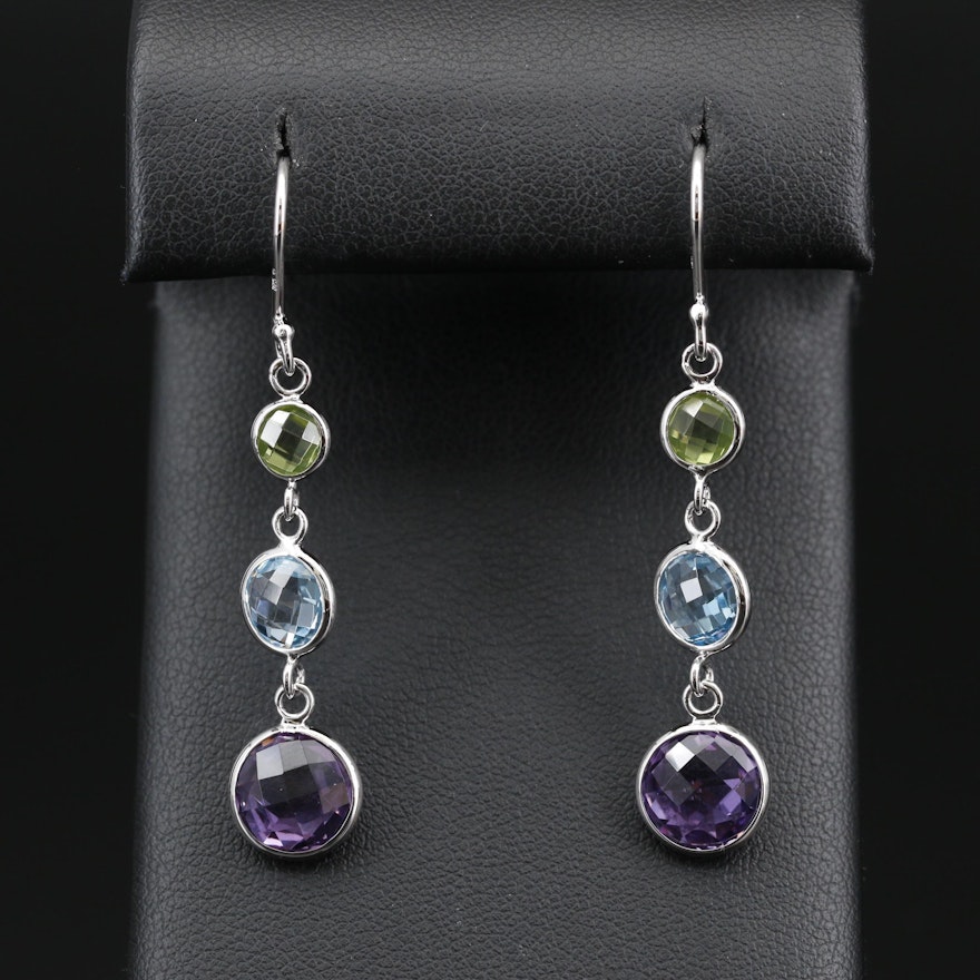 Sterling Silver Amethyst, Topaz and Peridot Dangle Earrings