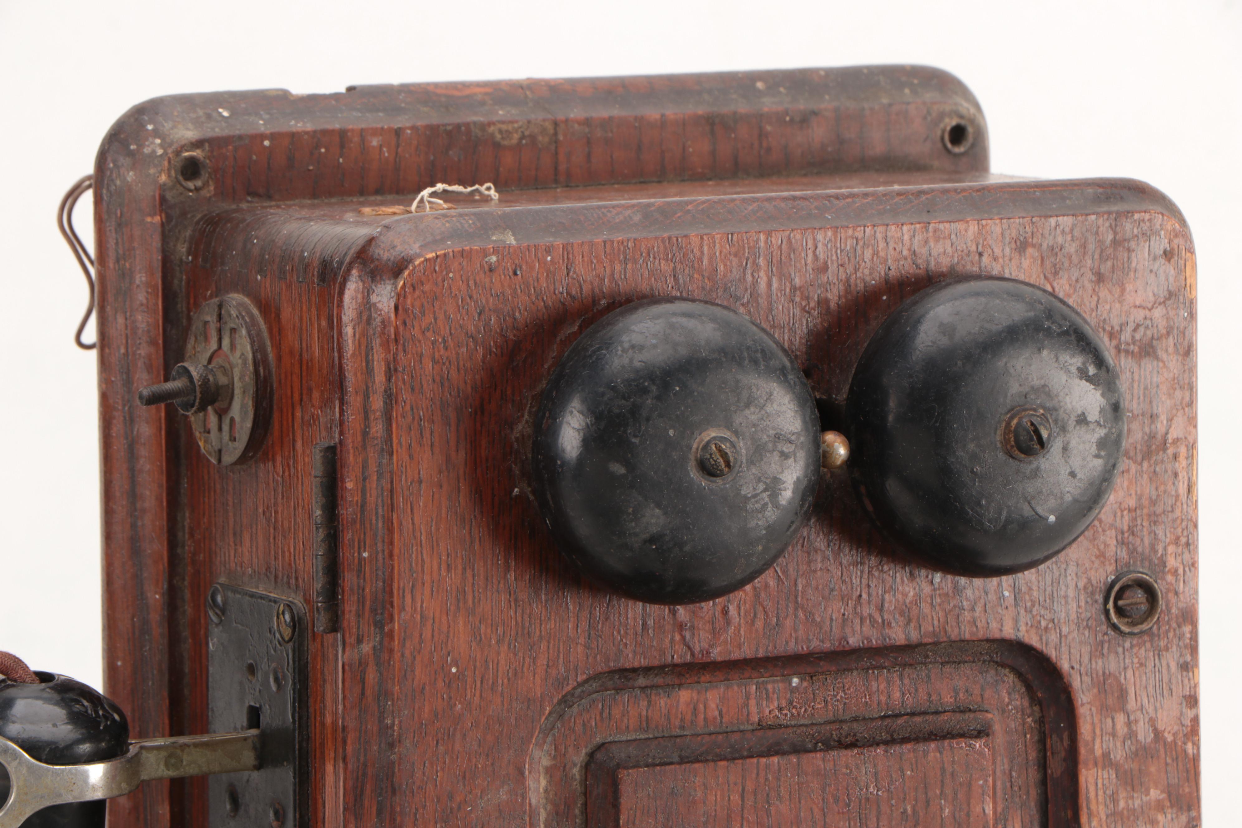 Kellogg Hand-Crank Oak Wall Mount Telephone with Receiver, Early 20th-Century