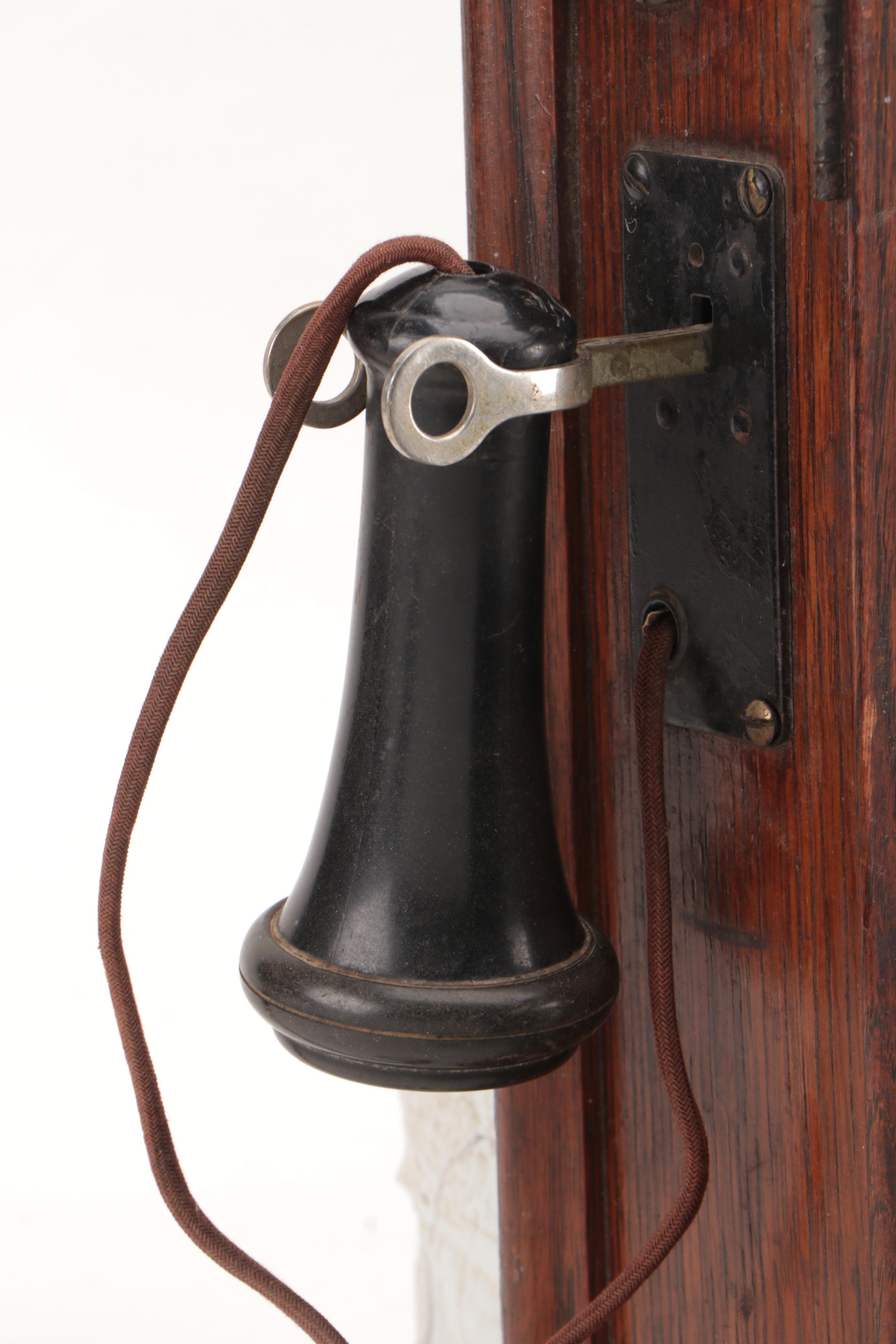 Kellogg Hand-Crank Oak Wall Mount Telephone with Receiver, Early 20th-Century