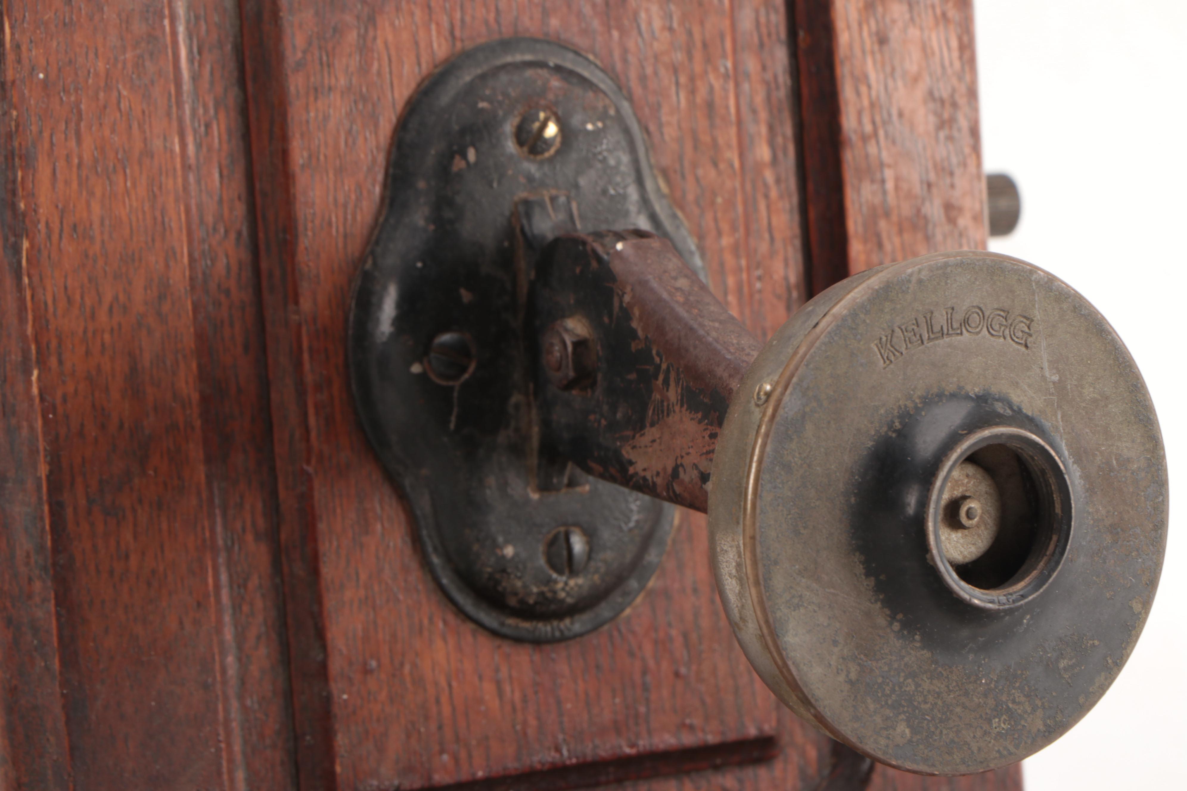 Kellogg Hand-Crank Oak Wall Mount Telephone with Receiver, Early 20th-Century