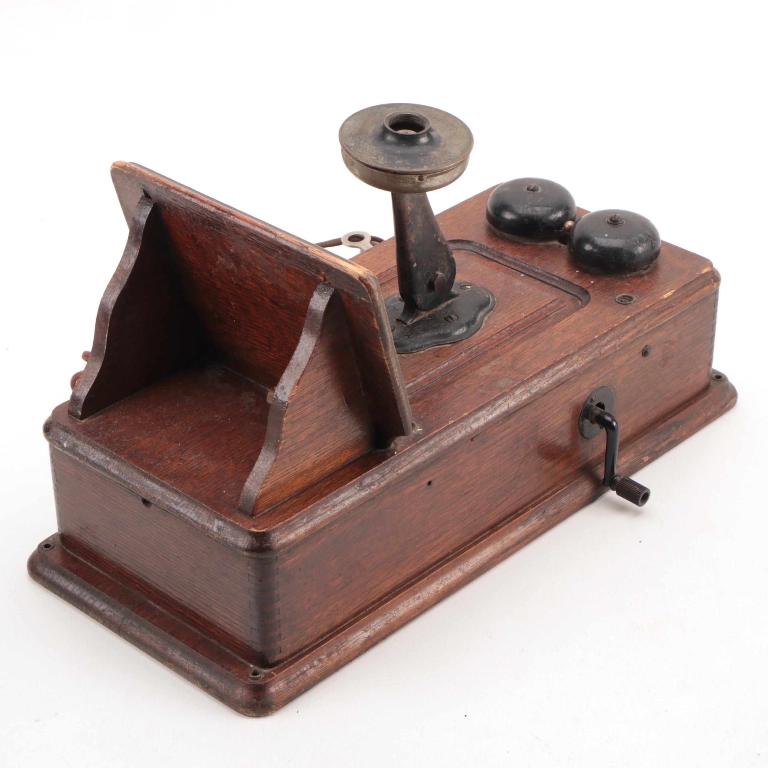 Kellogg Hand-Crank Oak Wall Mount Telephone with Receiver, Early 20th-Century