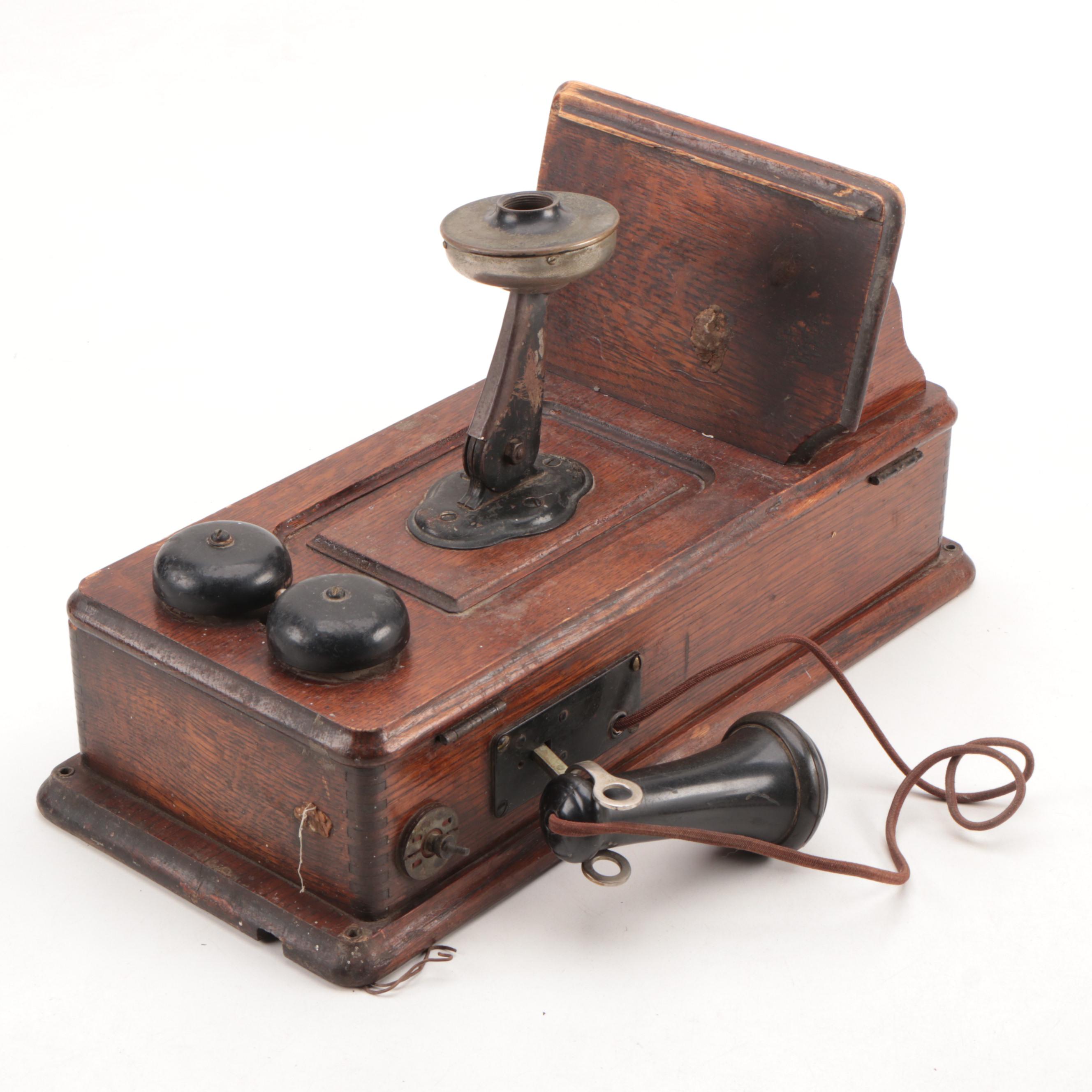 Kellogg Hand-Crank Oak Wall Mount Telephone with Receiver, Early 20th-Century
