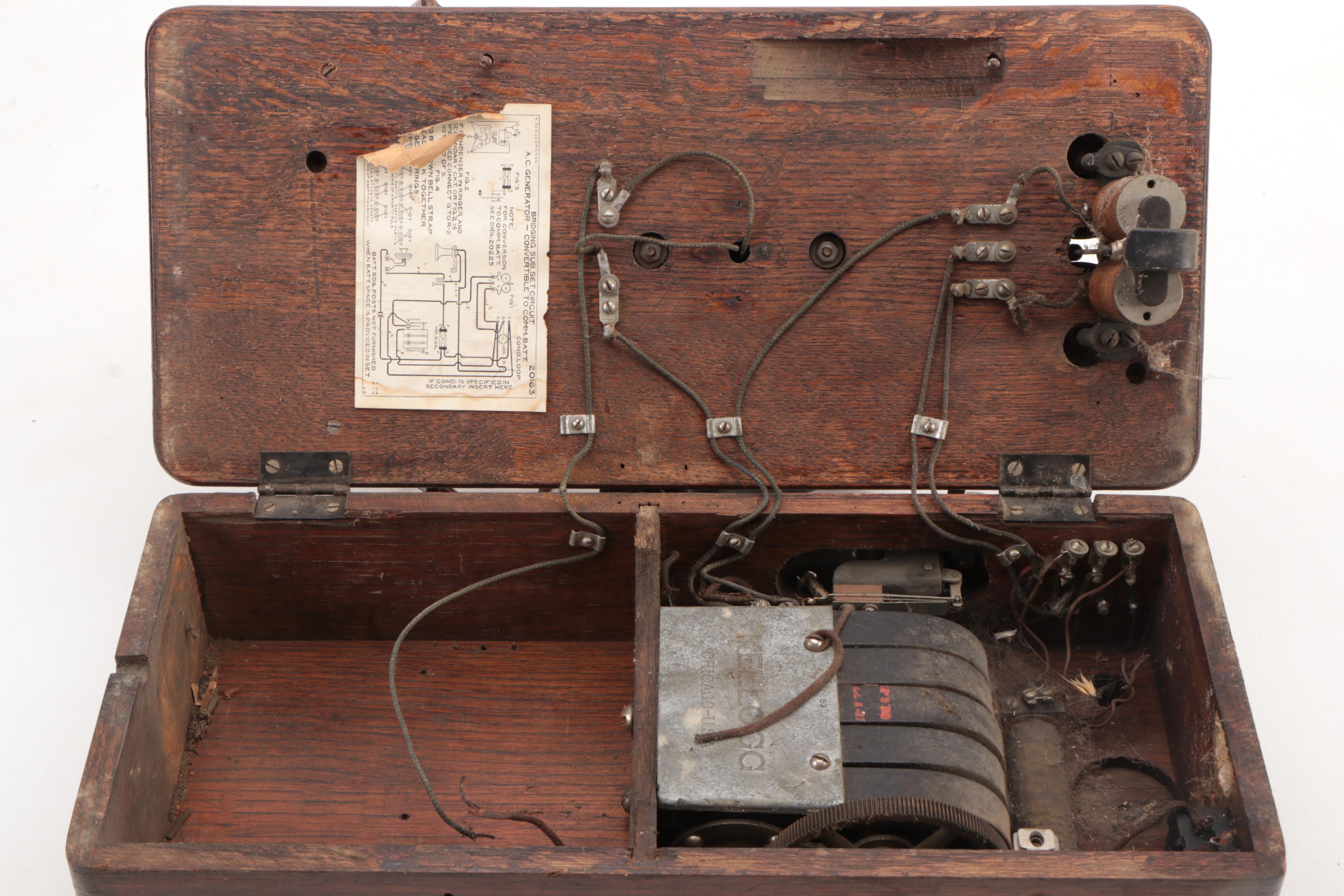 Kellogg Hand-Crank Oak Wall Mount Telephone with Receiver, Early 20th-Century