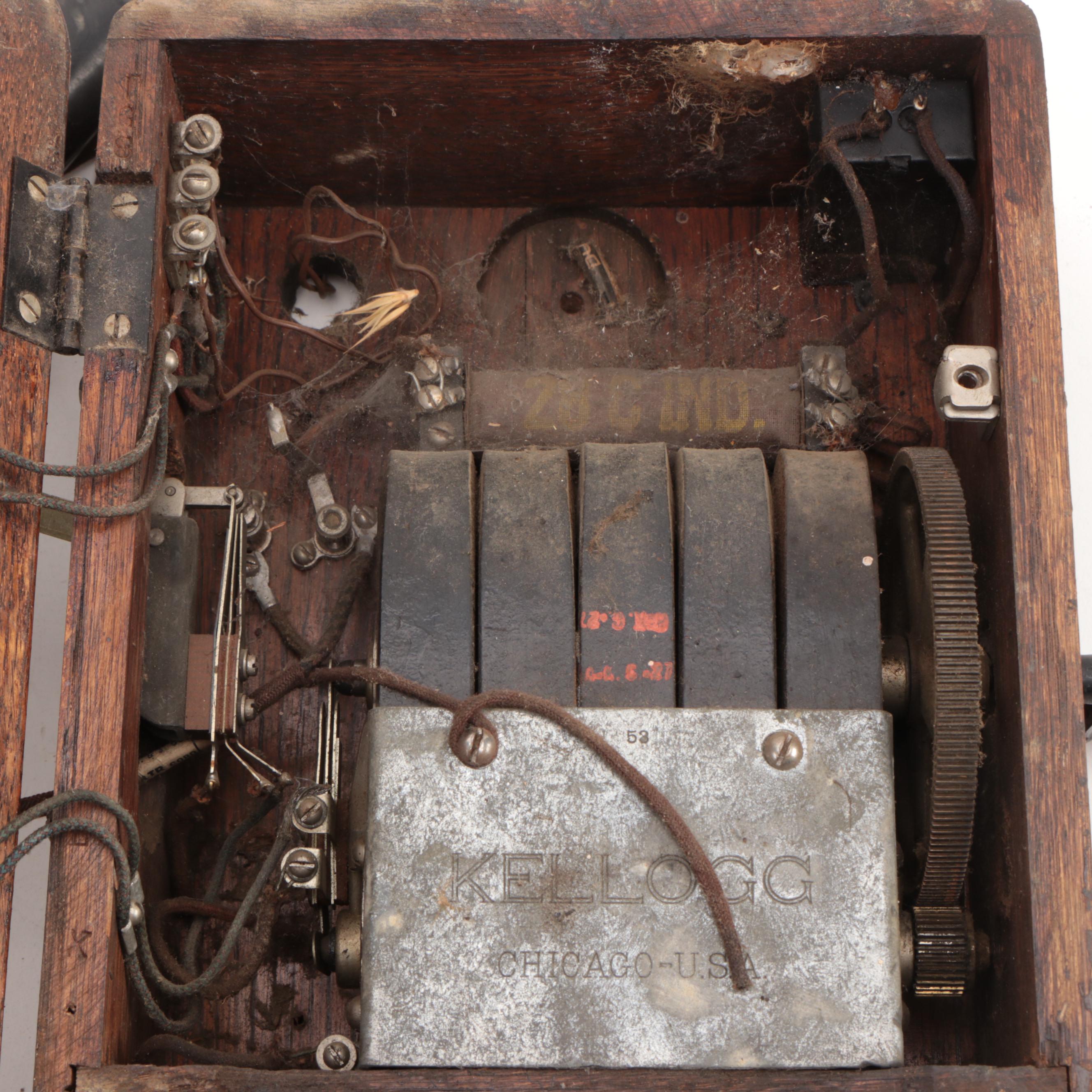Kellogg Hand-Crank Oak Wall Mount Telephone with Receiver, Early 20th-Century