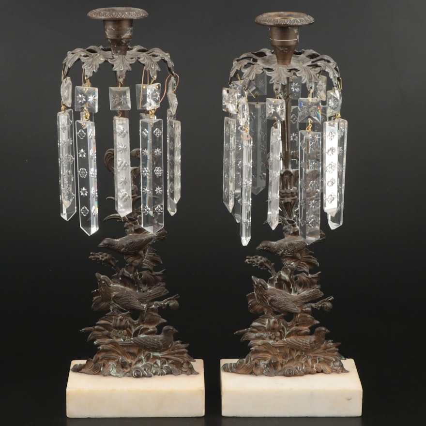 Pair of Victorian Cast Brass and Marble Girandoles with Cut Glass Prisms