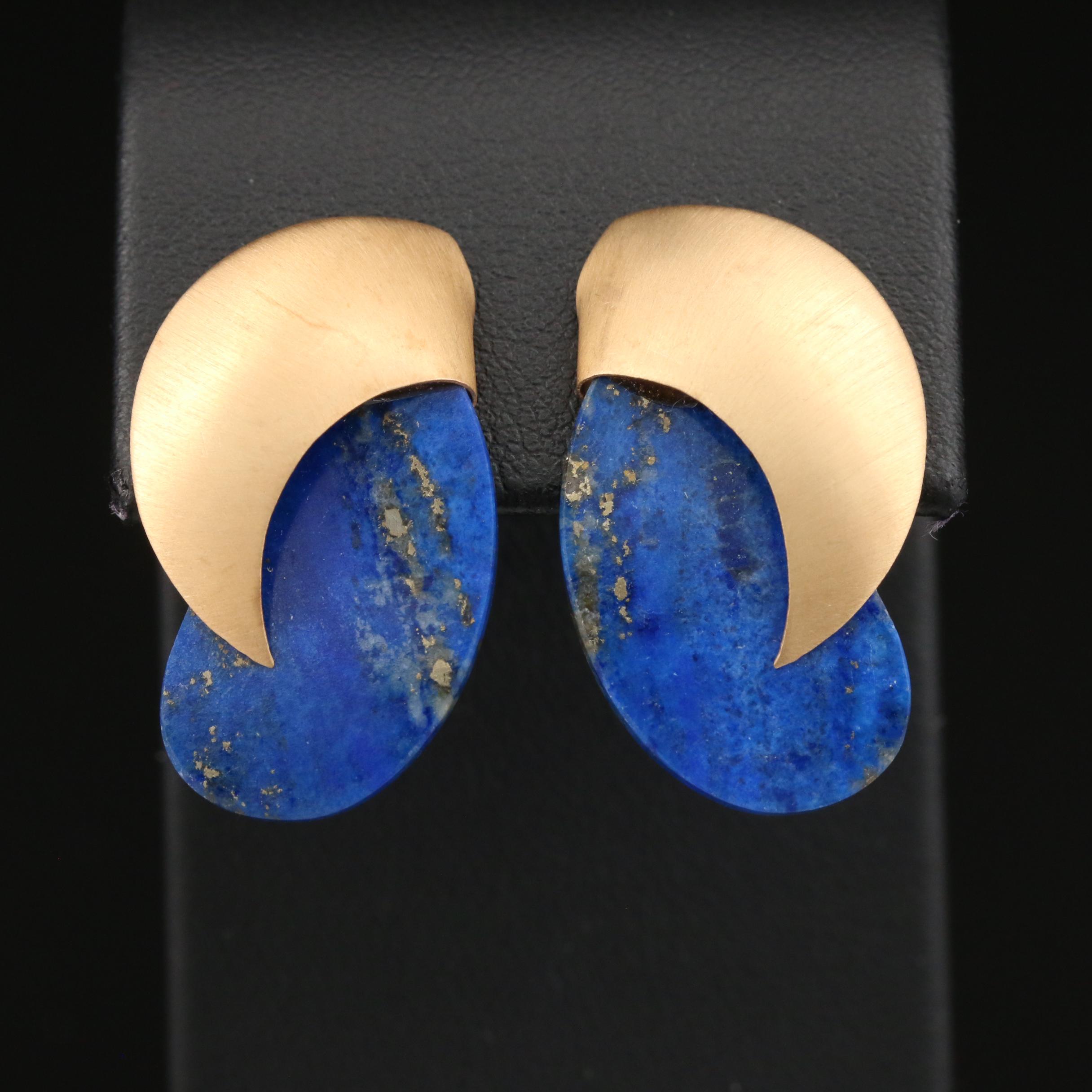 Post Modern 14K Lapis Lazuli Brushed Drop Earrings