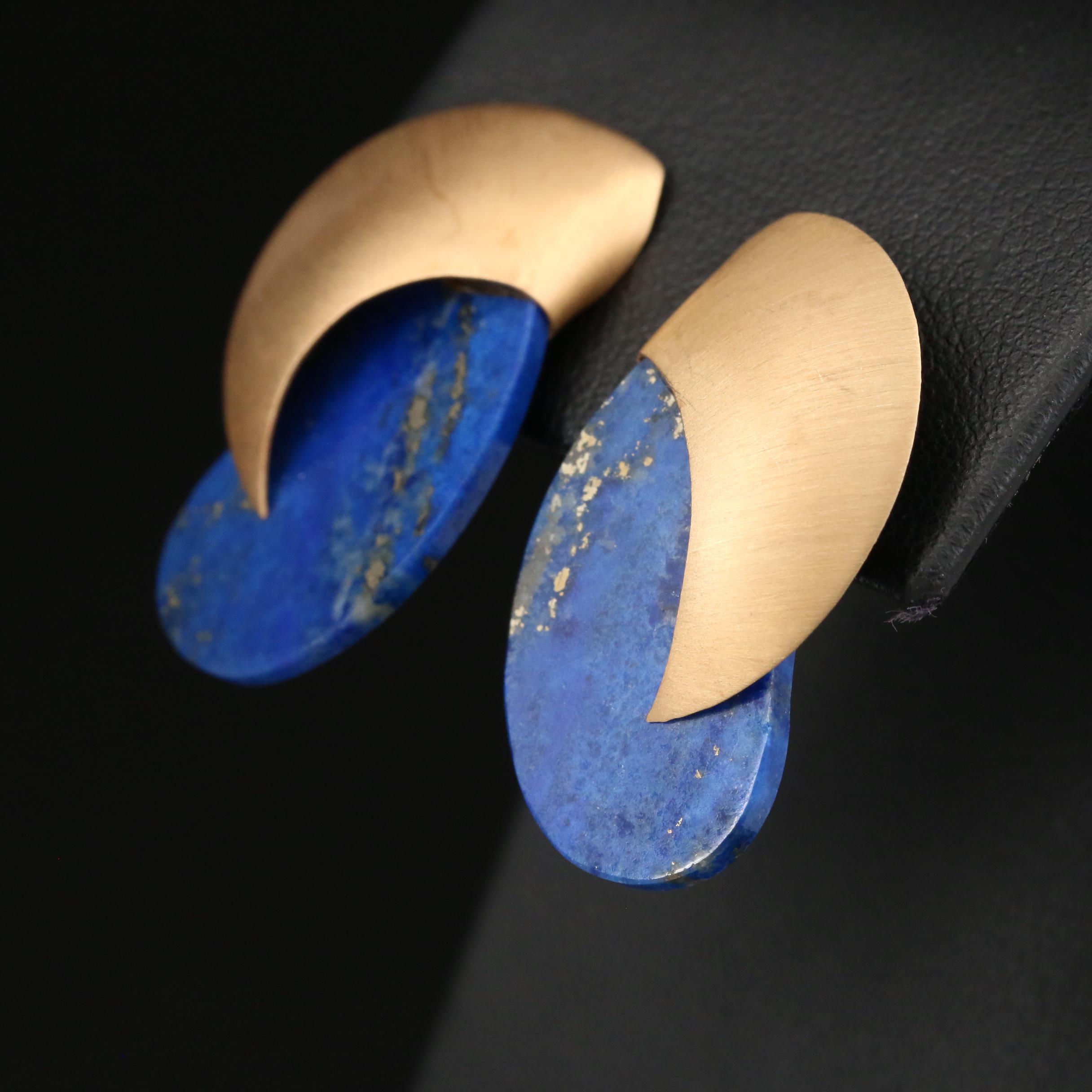 Post Modern 14K Lapis Lazuli Brushed Drop Earrings