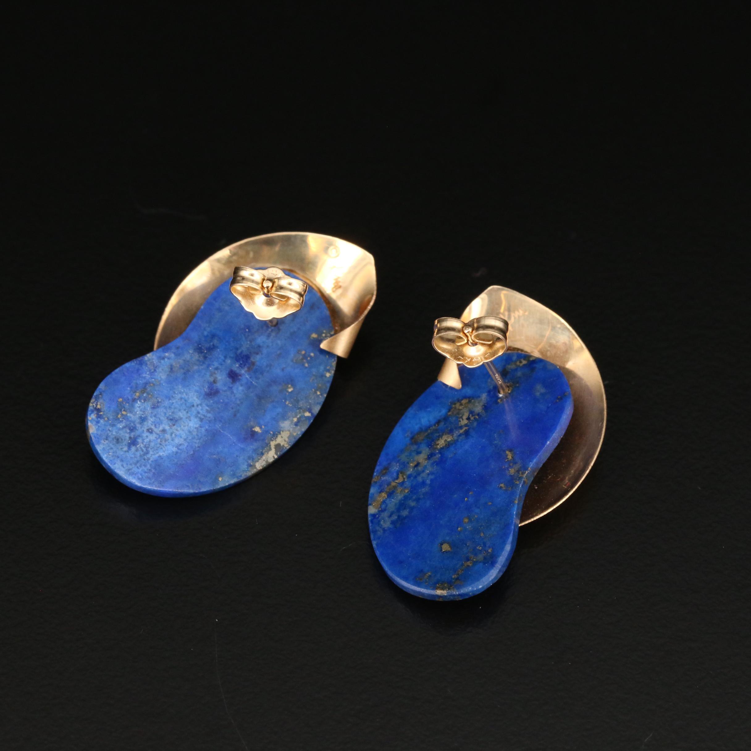 Post Modern 14K Lapis Lazuli Brushed Drop Earrings
