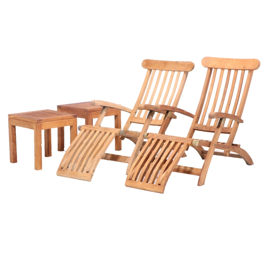 Teak Patio Loungers with Side Tables, Pair