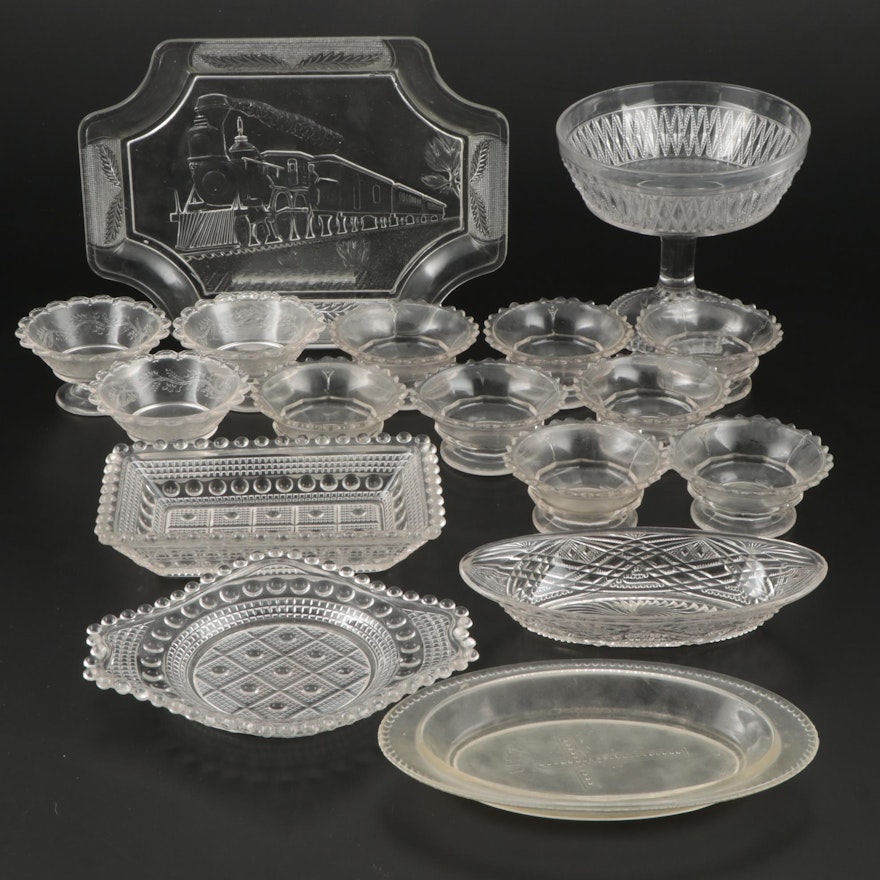 Canton Glass "Train with Engine" Platter and Other Patterned Glass Serveware